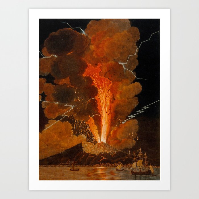 Mount Vesuvius erupting at night, billowing clouds and flashes of lightning Art Print