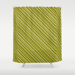 [ Thumbnail: Dark Khaki and Green Colored Striped Pattern Shower Curtain ]
