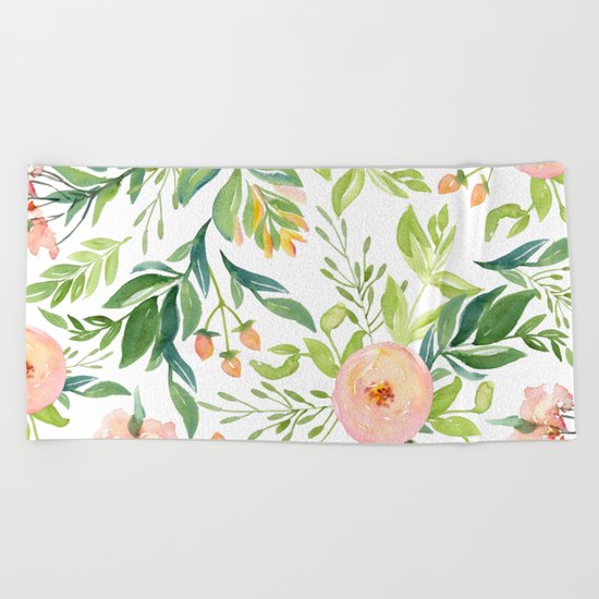 Happy Coral Pink + Green Rose Garden Beach Towel