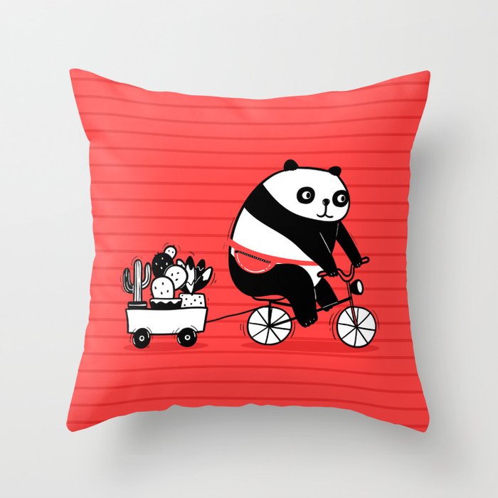 Cacti delivery. Panda on bicycle. Throw Pillow