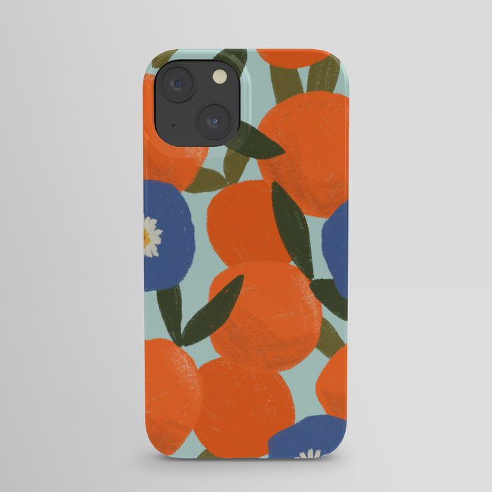 Clementine Orange Blue Flowers Pattern Leaves iPhone Case