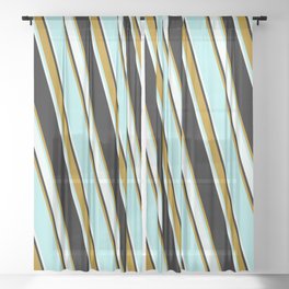 [ Thumbnail: Black, Dark Goldenrod, Turquoise & Mint Cream Colored Lined Pattern Sheer Curtain ]