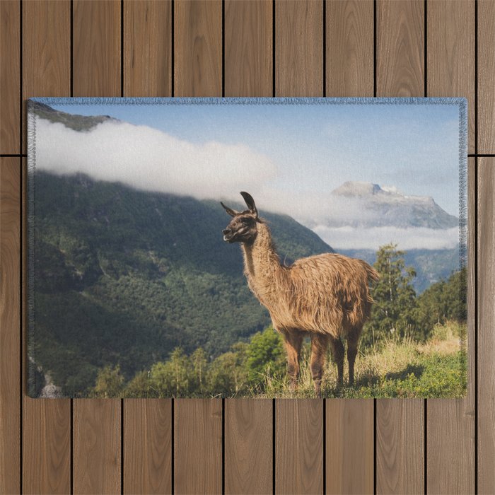 Llama in Mountain Landscape Outdoor Rug