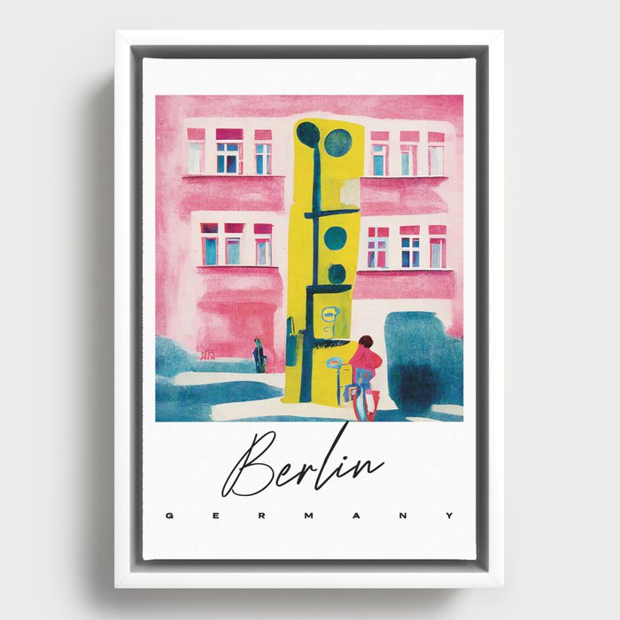 Berlin Street Light Pink Yellow Gouache Travel Poster Retro Framed Canvas