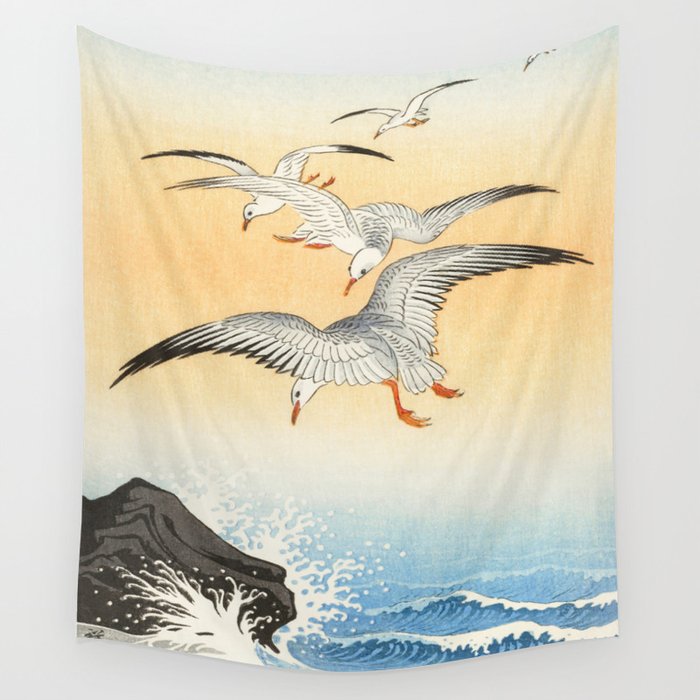 Seagulls and stormy sea  - Vintage Japanese Woodblock Print Art Wall Tapestry