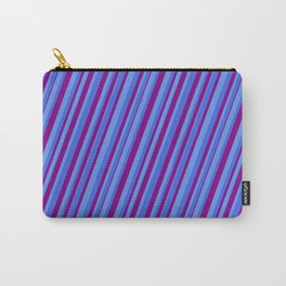 [ Thumbnail: Cornflower Blue, Royal Blue & Purple Colored Pattern of Stripes Carry-All Pouch ]
