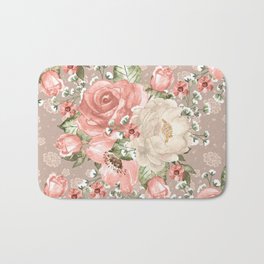 Peach Blush Vintage Watercolor Floral Pattern Bath Mat