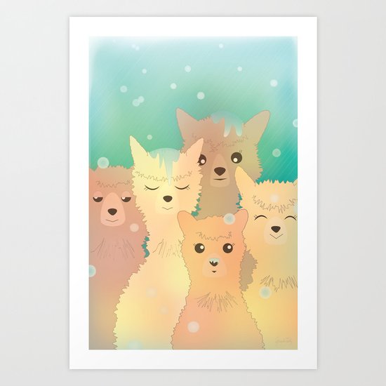Alpaca Family I - Mint Green Snow Background Art Print