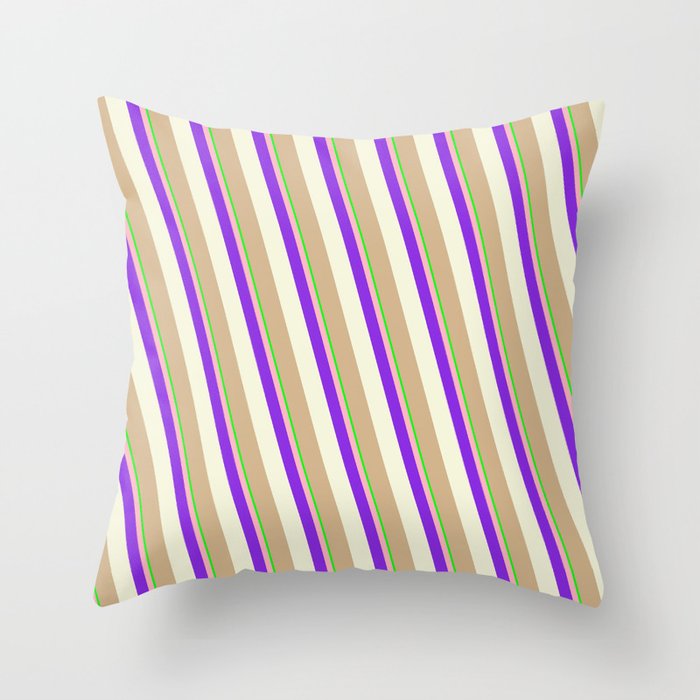 Eye-catching Lime, Light Pink, Purple, Beige & Tan Colored Stripes Pattern Throw Pillow