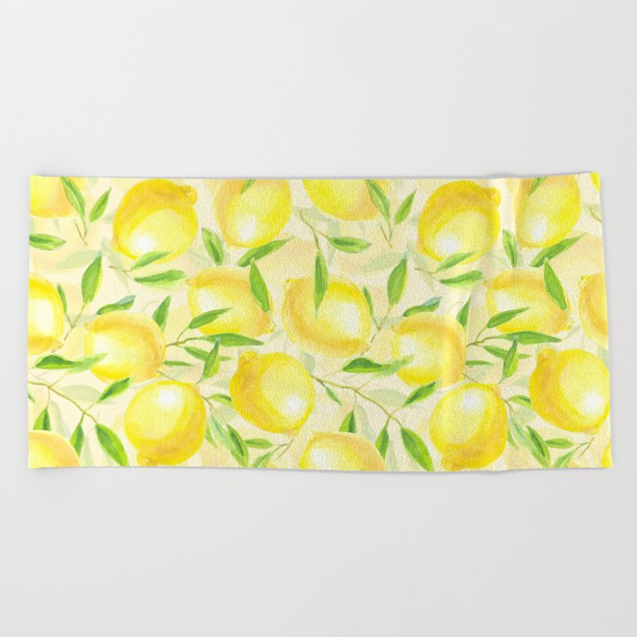 Lemons with leaves watercolor pattern Beach Towel