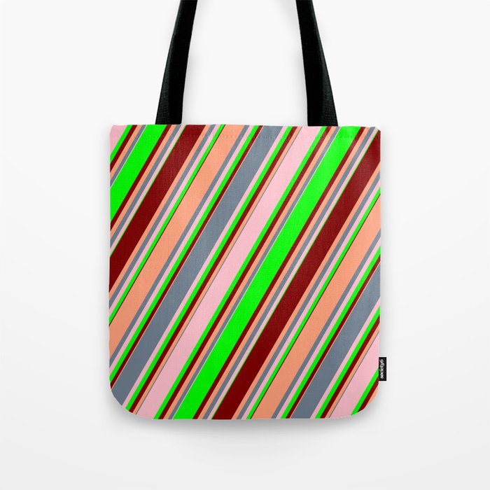 Eye-catching Slate Gray, Pink, Lime, Maroon & Light Salmon Colored Striped Pattern Tote Bag