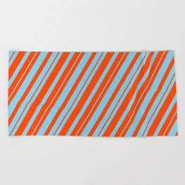 [ Thumbnail: Sky Blue and Red Colored Lined Pattern Beach Towel ]