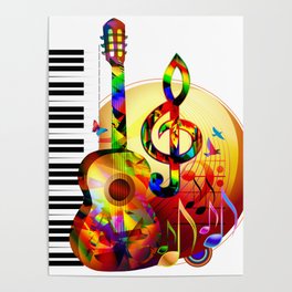 Colorful  music instruments painting, guitar, treble clef, piano, musical notes, flying birds Poster