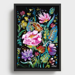Colorful floral abstraction #1 acrylic painting flowers on a black background Framed Canvas