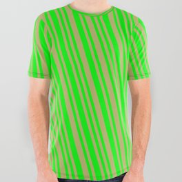 [ Thumbnail: Dark Khaki & Lime Colored Striped Pattern All Over Graphic Tee ]