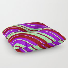 [ Thumbnail: Green, Dark Red & Dark Violet Colored Lined/Striped Pattern Floor Pillow ]