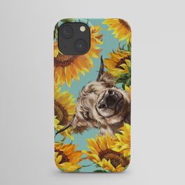 Highland Cow with Sunflowers in Blue iPhone Case
