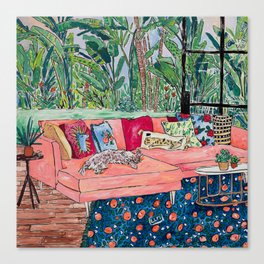 Napping Brown Tabby Cat on Pink Couch with Jungle Background Painting After Matisse Canvas Print