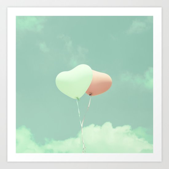 Innocent Love, Pink heart balloons on soft blue sky Art Print