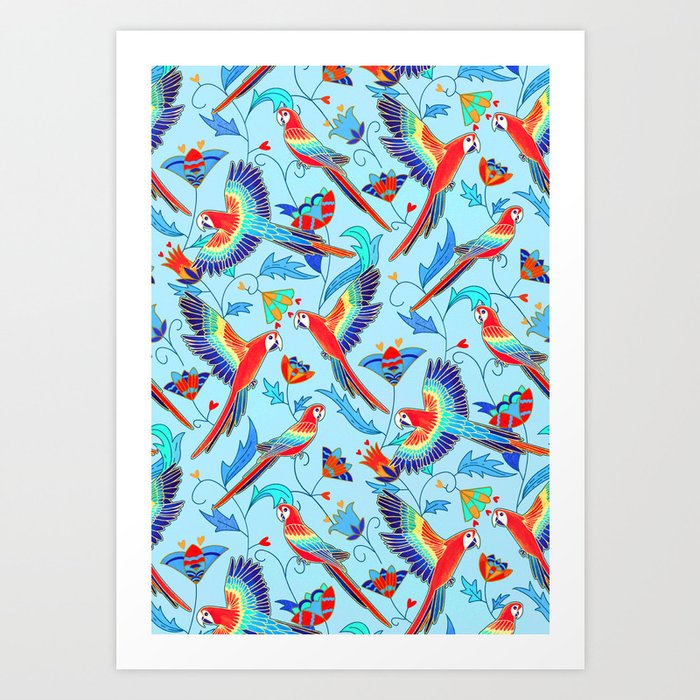 Gold Enamel Red Macaws - Baby Blue  Art Print