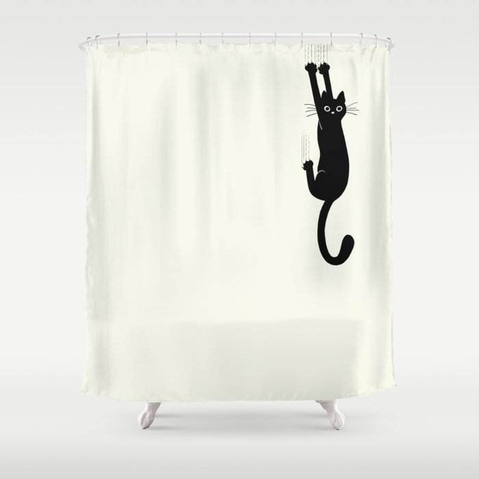 Black Cat Hanging On Shower Curtain By Mylifeisacartoon