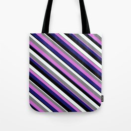 [ Thumbnail: Eye-catching Gray, Orchid, Midnight Blue, Black, and Mint Cream Colored Stripes/Lines Pattern Tote Bag ]
