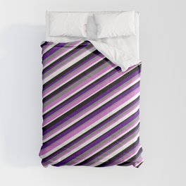 [ Thumbnail: Vibrant Gray, Orchid, White, Black & Indigo Colored Stripes/Lines Pattern Comforter ]