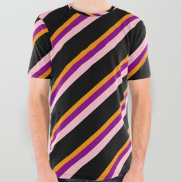 [ Thumbnail: Eyecatching Green, Dark Orange, Purple, Pink & Black Colored Lines Pattern All Over Graphic Tee ]