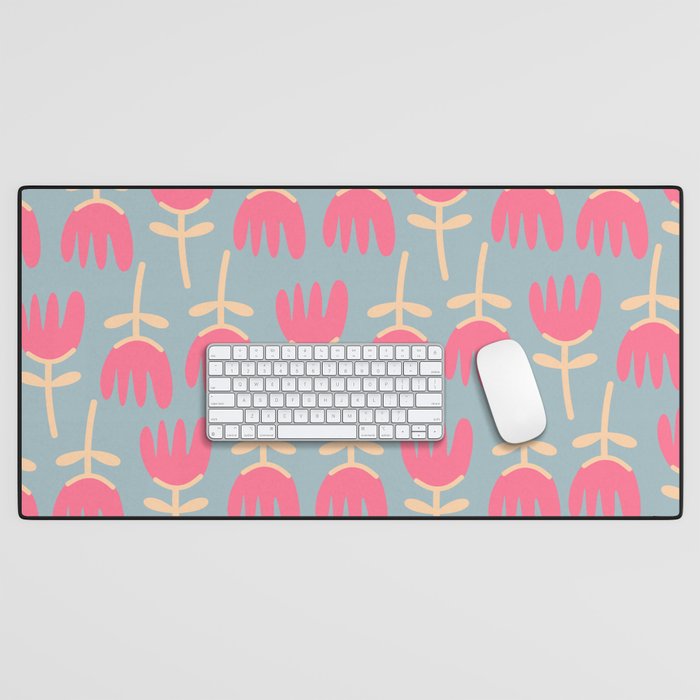 Tulips - Cheerful Scandi Floral Pattern in Pink, Apricot Cream, and Light Blue Desk Mat