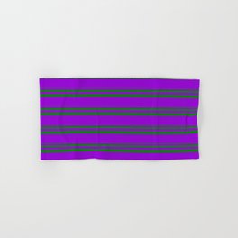 [ Thumbnail: Green and Dark Violet Colored Lined/Striped Pattern Hand & Bath Towel ]