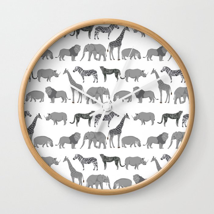 Safari animals minimal grey and white zebra giraffe cheetah hippo rhino nursery Wall Clock