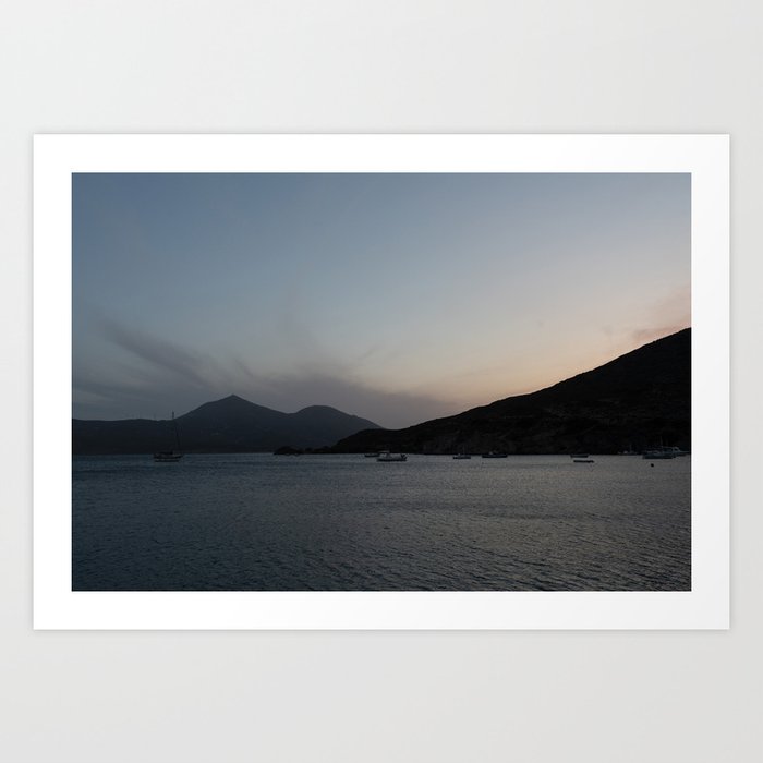 Milos after the sunset / Greek island view to mountains  Art Print