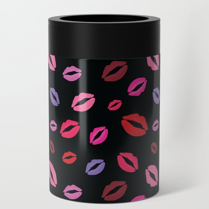 Lipstick kisses on black background. Digital Illustration background Can Cooler