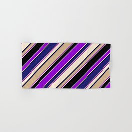 [ Thumbnail: Eye-catching Tan, Dark Violet, Beige, Black, and Midnight Blue Colored Lined/Striped Pattern Hand & Bath Towel ]