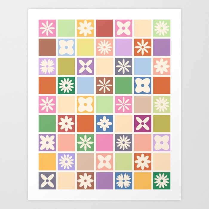 Retro Colorful Flower Checker Tiles Art Print