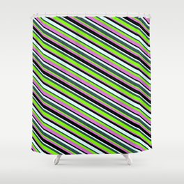 [ Thumbnail: Green, Orchid, Black, Light Cyan, and Dark Slate Gray Colored Lines Pattern Shower Curtain ]