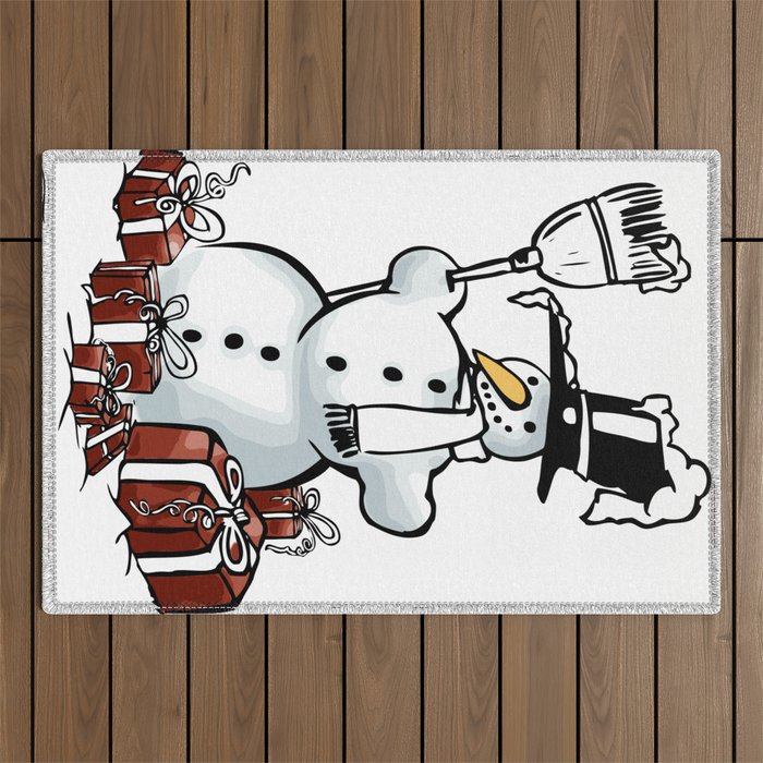 Snowman in winter with gifts and rockets for New Years Eve Outdoor Rug