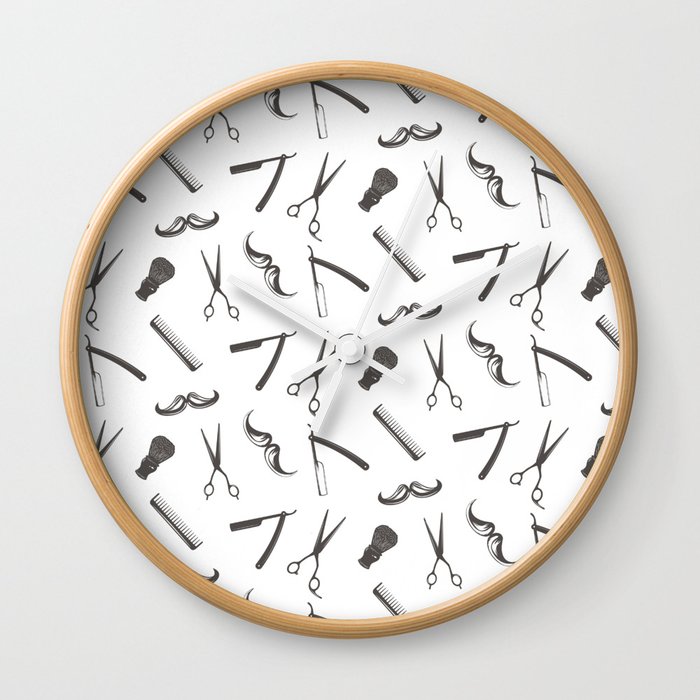 Barbershop pattern shaving razor, brushes and scissors on white Wall Clock