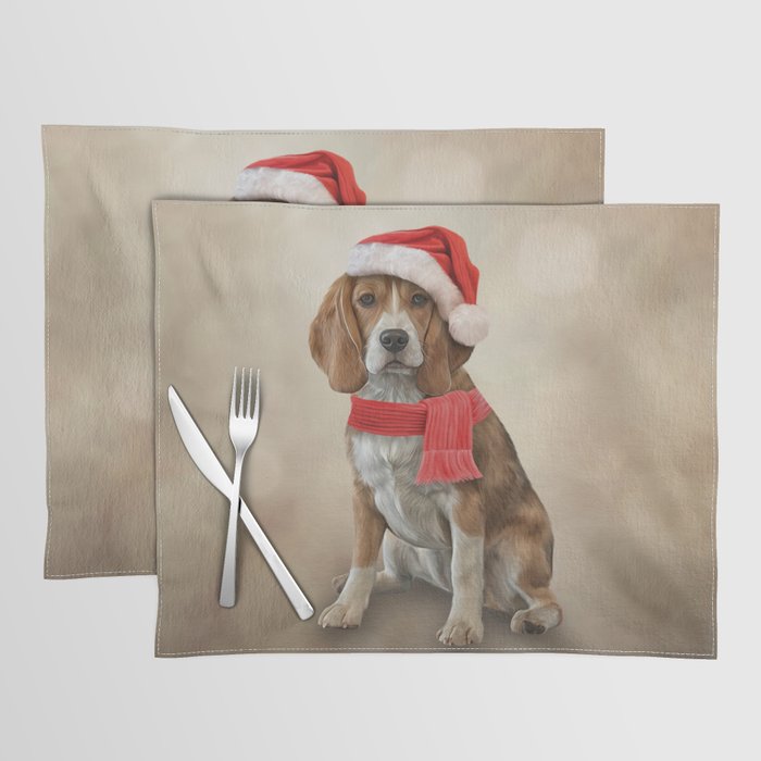 Drawing Dog Beagle  in red hat of Santa Claus Placemat