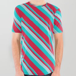 [ Thumbnail: Powder Blue, Dark Turquoise, and Crimson Colored Lined Pattern All Over Graphic Tee ]