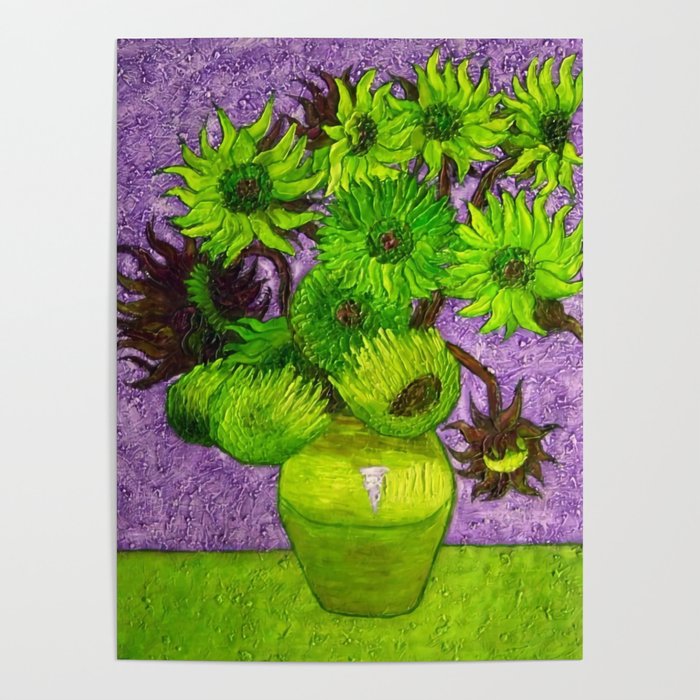 Vincent van Gogh Twelve green sunflowers in a vase still life with purple background portrait painting Poster