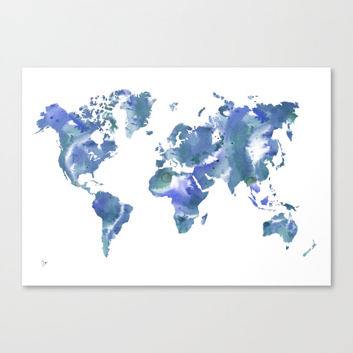 Watercolour World Map (blue/green/white) Canvas Print