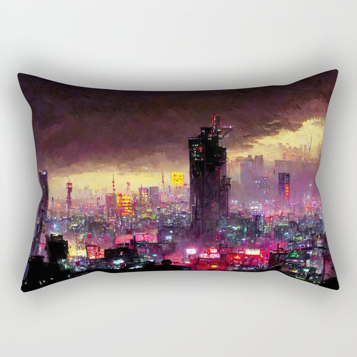 Tokyo Cyberpunk Cityscape at Night Rectangular Pillow