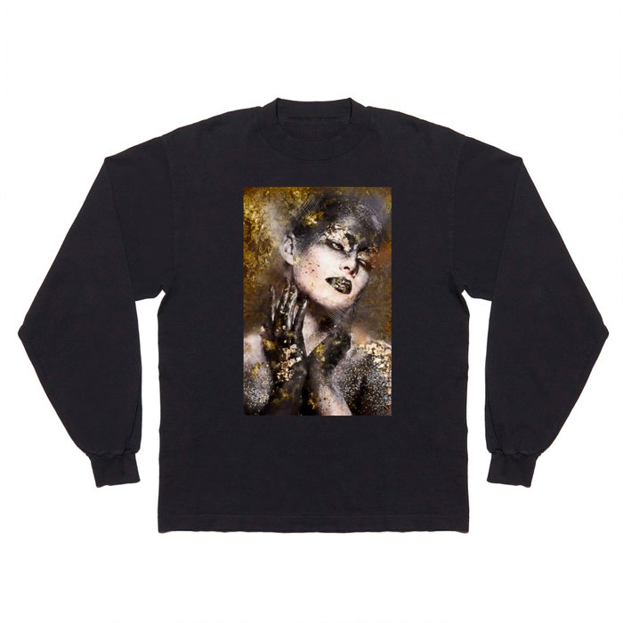 Beautiful Abstract Black and Gold Woman Portrait Long Sleeve T Shirt
