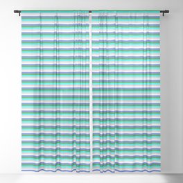 [ Thumbnail: White, Royal Blue, Forest Green, Cyan, and Light Gray Colored Striped Pattern Sheer Curtain ]