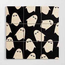 White Boo Ghost Halloween Pattern Black  Wood Wall Art