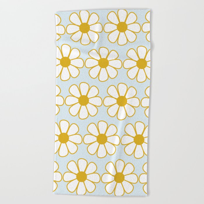 Cheerful Retro Daisy Pattern in Mustard and Pale Ice Blue Beach Towel