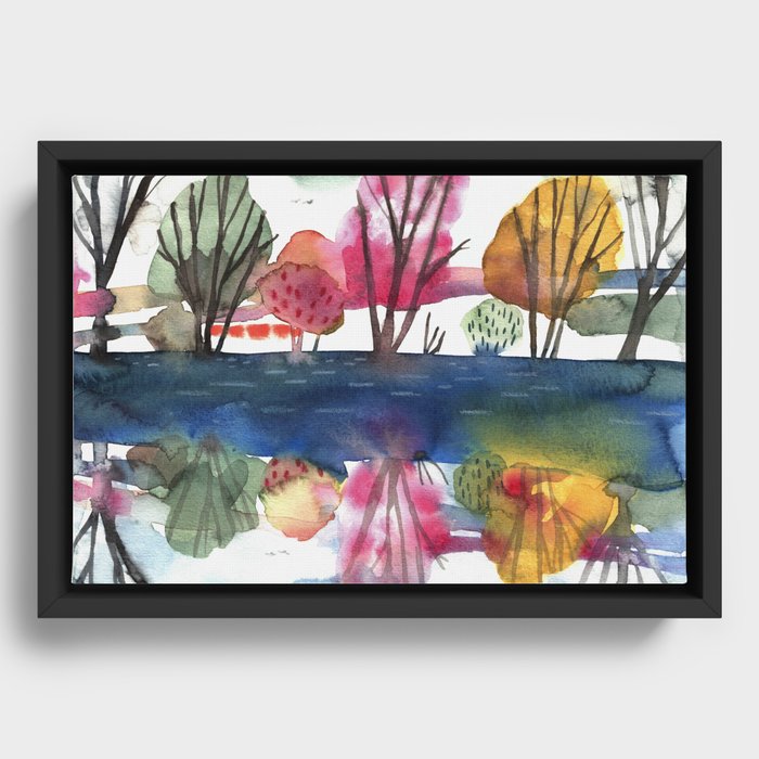 River Landscape Watercolor Painting Framed Canvas