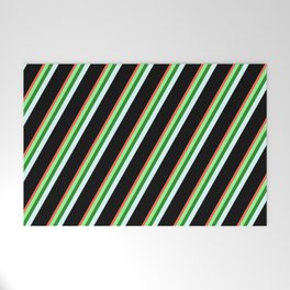 [ Thumbnail: Red, Green, Forest Green, Light Cyan, and Black Colored Stripes/Lines Pattern Welcome Mat ]