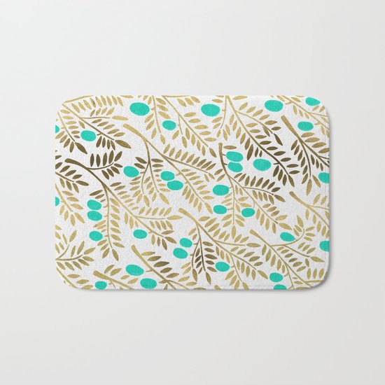Gold & Turquoise Olive Branches Bath Mat